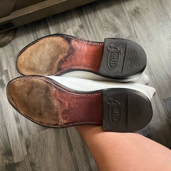 JUSTIN - WHITE LEATHER ROPPER BOOTS 7C MADE IN USA WESTERN - Picture 9 of 10